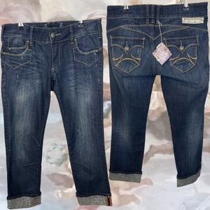 Vintage 90s Parasuco Medium Wash Blue Denim Capris Jeans Rhinestone 30” Faded
